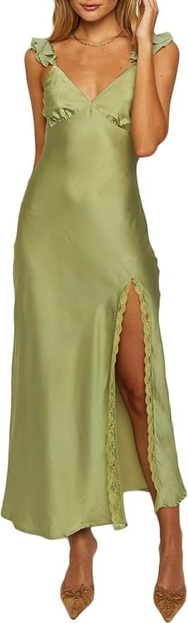 Amazon.com: Summer Satin Lace Backless Spaghetti Strap Maxi Dress for Wedding Guest Silk Sleevele... | Amazon (US)