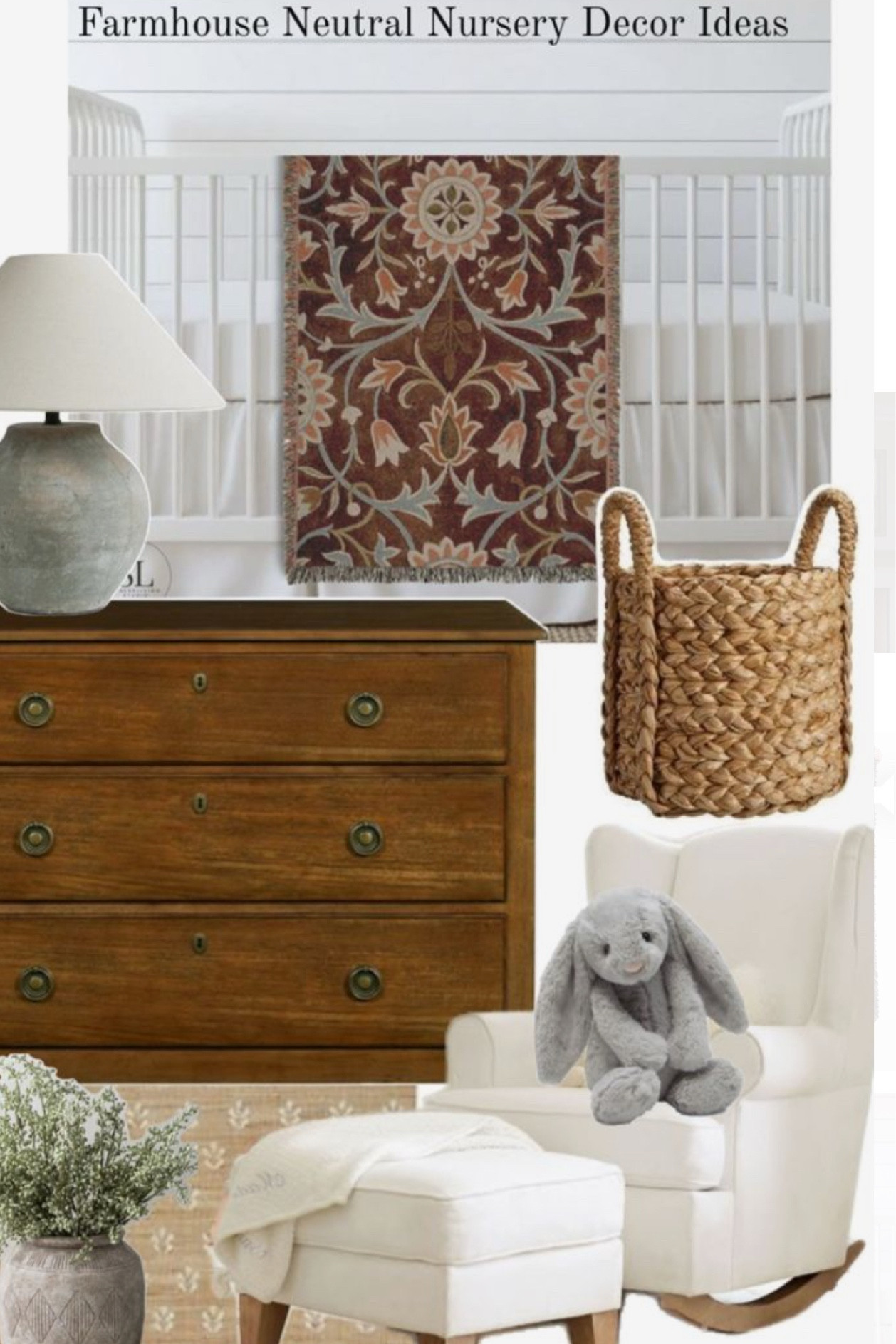 Modern Farmhouse Neutral Vintage Nursery 
.
Add our Vintage Botanical Tapestry to your white nursery to give a vintage and cozy feel! 
Add in a white rocker, basket, vintage dark dresser and grey bunny! 🤍

#LTKbaby #LTKwinter #LTKgiftguide
