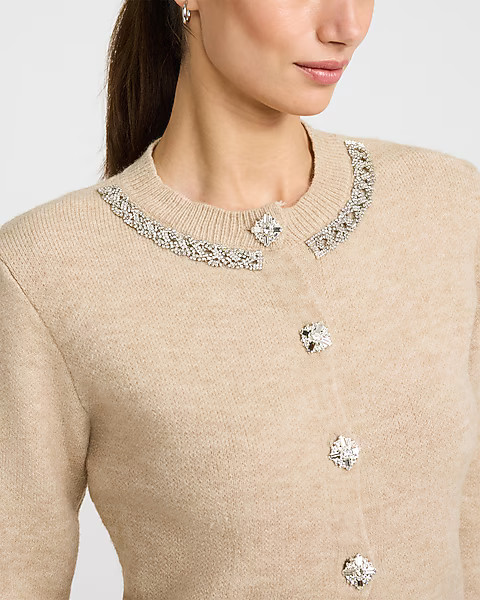 Rhinestone Embellished Crew Neck Button Front Cardigan | Express