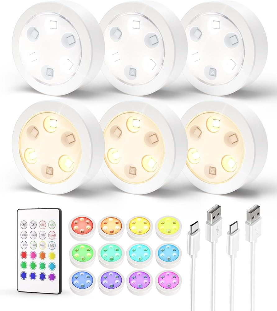 Puck Lights with Remote, 14 Colors Changeable RGB LED Under Cabinet Lighting, Dimmer 1200mAh Rech... | Amazon (US)