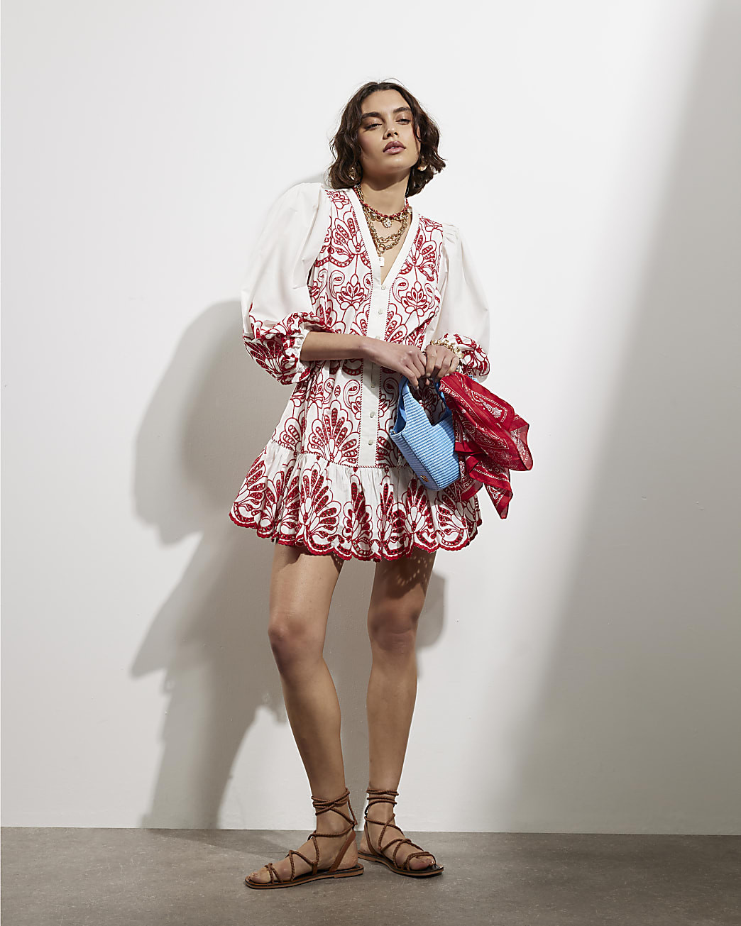 Red Long Sleeve Embroidered Shirt Dress | River Island UK & IE