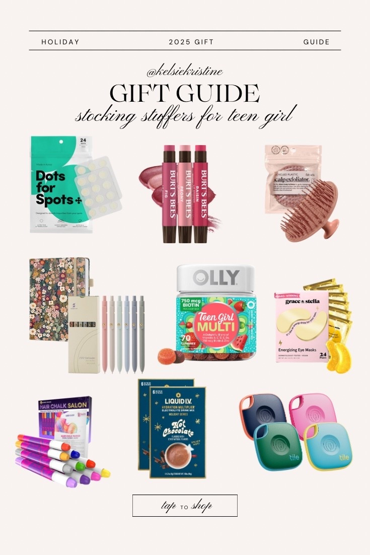 Stocking stuffer gift guide ideas for teenage girls // acne sticker / tinted lip balm / scalp exculpatory / journal and pens / olly vitamins / skincare / under eye patches / hair chalk / liquid iv hot chocolate / tile / teen gift guide 

#LTKFindsUnder50 #LTKGiftGuide #LTKHoliday