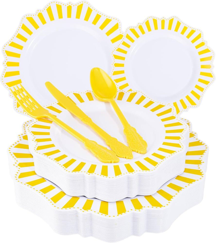 COLOSUS 150pcs Disposable White Lemon Yellow Striped Plastic Party Plates and Silverware set, Yel... | Amazon (US)