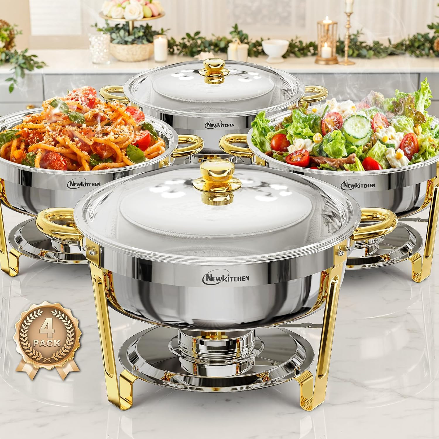 Chafing Dishes for Buffet 4 Pack, 6QT Round Chafing Dishes for Buffet [Elegant Gold and Silver Colors] Stainless Steel Chafing Dish Buffet Set for Any Party | Amazon (US)