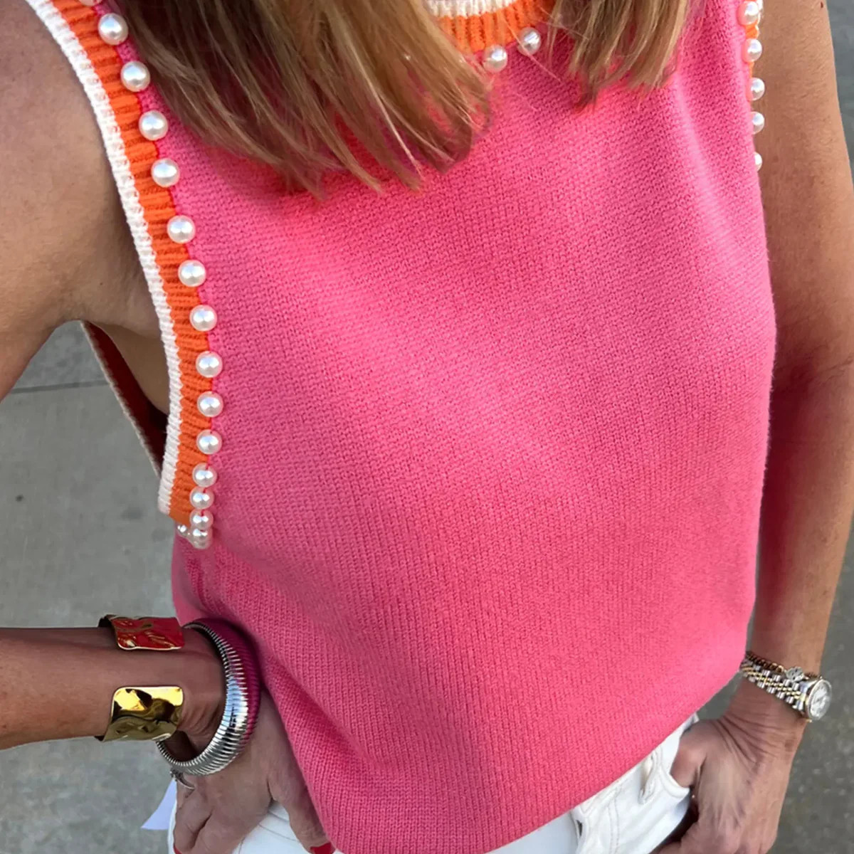 Contrast Trim Pearl Detail Sweater Tank Top | Krush Kandy