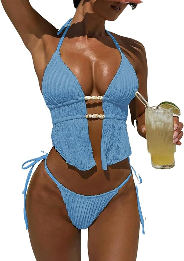 ZAFUL Halter Swimsuits for Women Textured Backless 2 Piece Bathing Suits Cheeky High Cut String T... | Amazon (US)