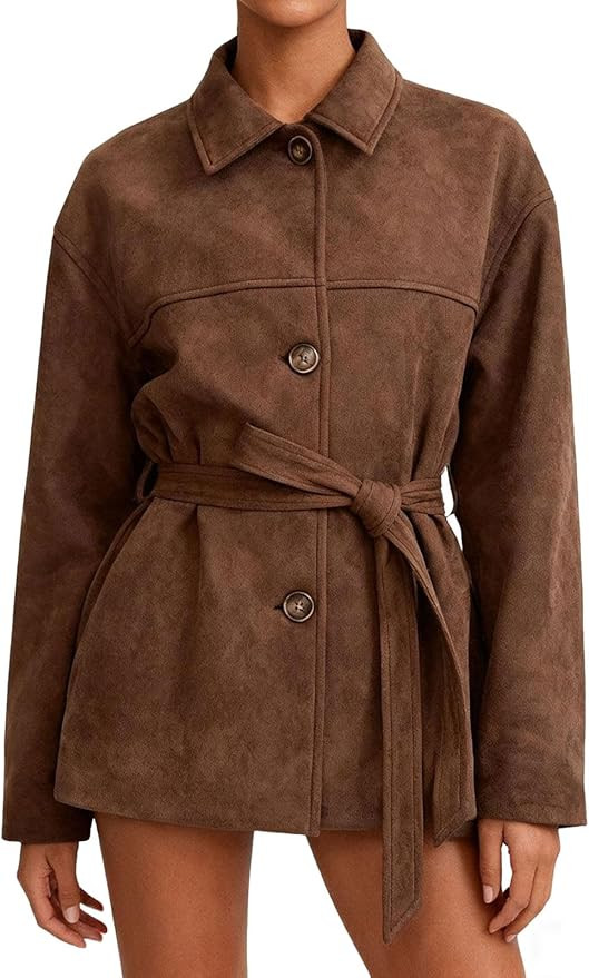 utcoco Women's Faux Suede Jacket Lapel Collar Button Down Belted Trench Coat Casual Vintage Outer... | Amazon (US)