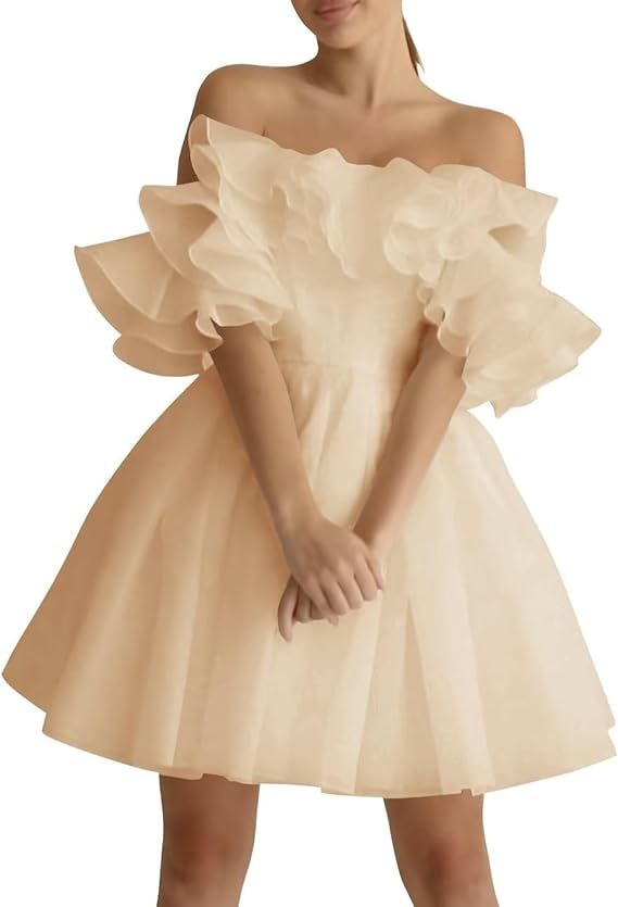 Off Shoulder Organza Short Prom Dresses Ruffles Puffy Homecoming Dresses A-line Evening Wedding P... | Amazon (US)