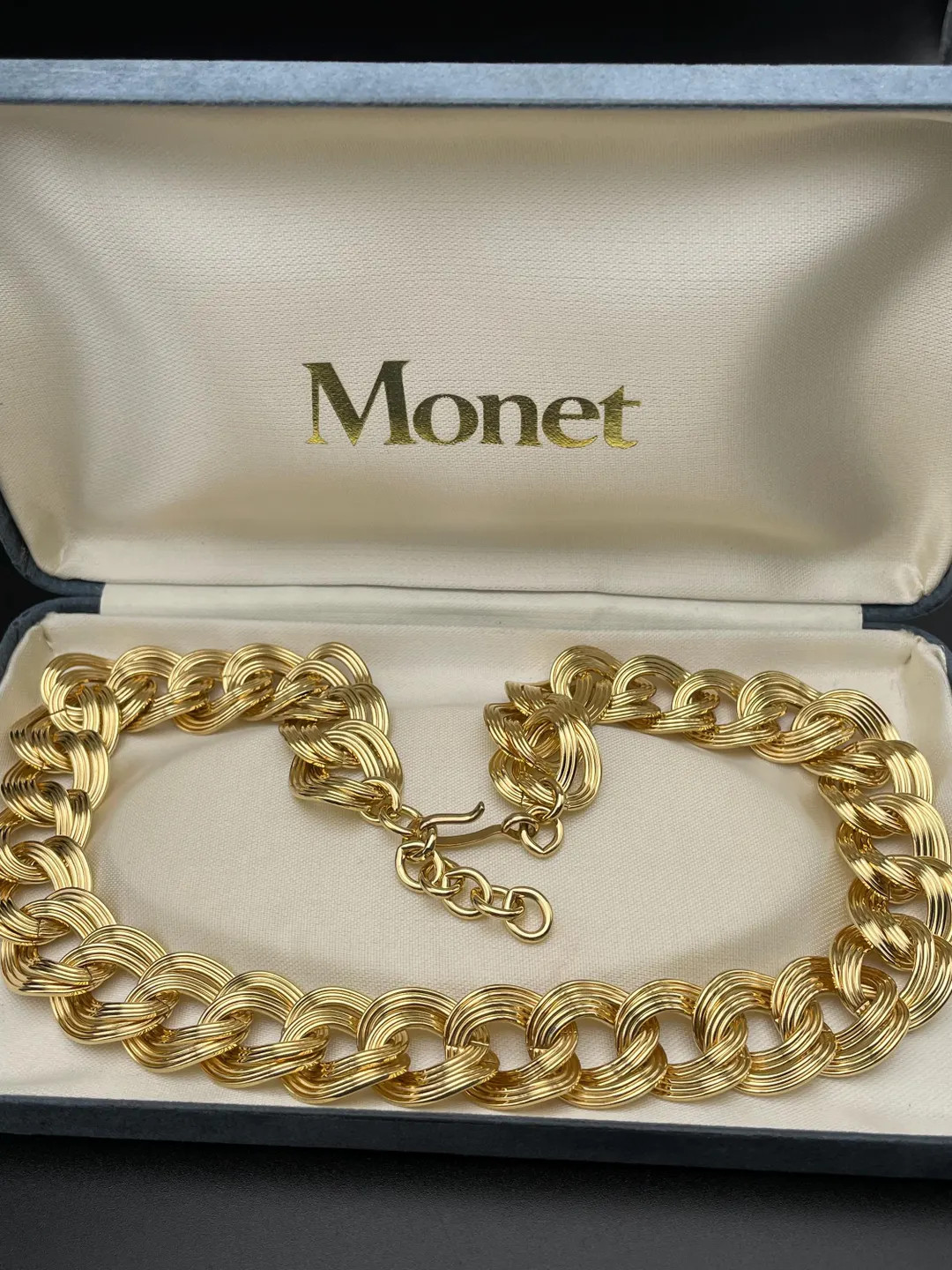 Vintage Monet Necklace Women Gold Tone Double Hoops Chain Statement Chunky Large Gift for Her Bir... | Etsy (US)