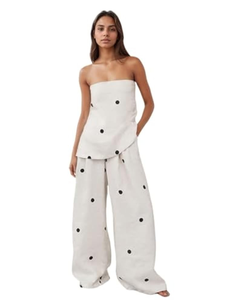 VCM 2 Piece Sets Polka Dot Top Off The Shoulder Top Lounge High Waist Wide Leg Pants Tropical Vac... | Amazon (US)