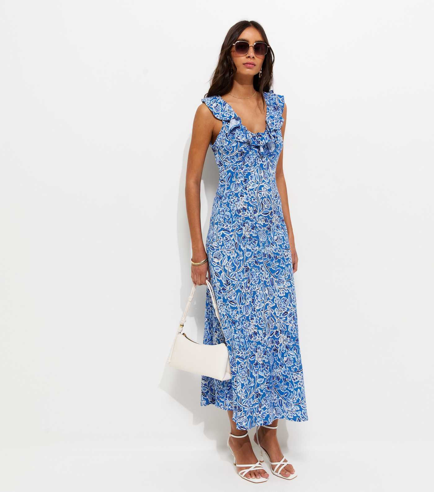 Blue Crepe Ditsy Floral Print Ruffle Trim Midi Dress | New Look | New Look (UK)
