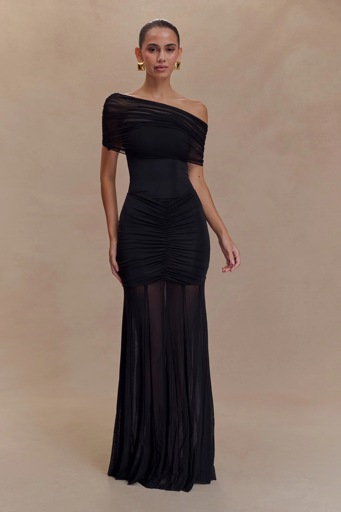 Caspian Slinky And Mesh Off Shoulder Maxi Dress - Black | Meshki UK