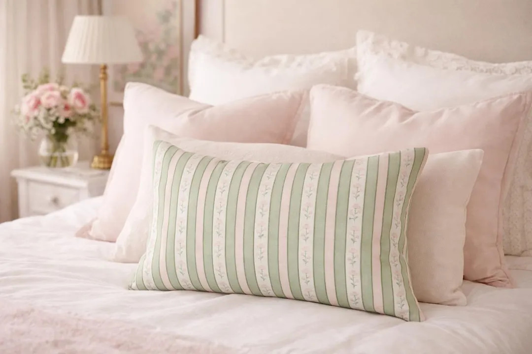 Green and Pink Floral Stripe Lumbar Pillow, Feminine Cottage Pillow, French Country Decorative Cu... | Etsy (US)