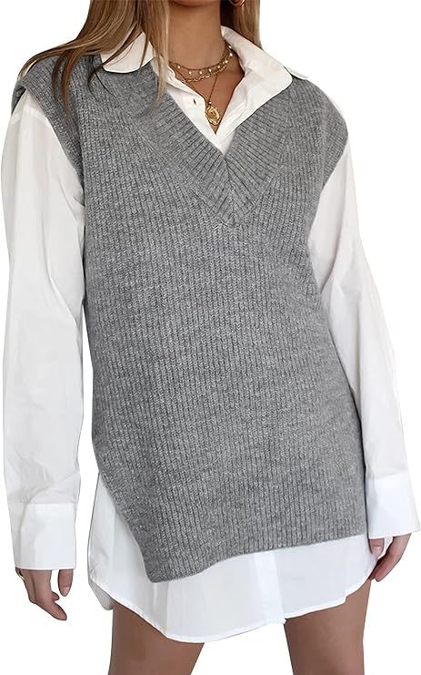 Cowasto Womens Oversized V Neck Sweater Vests Retro Solid Cute Sleeveless Sweater Pullover | Amazon (US)
