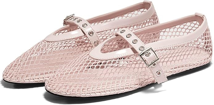 Coutgo Womens Mesh Ballet Flats Mary Jane Fishnet Ballerina Buckle Strap Comfortable Causal Dress... | Amazon (US)