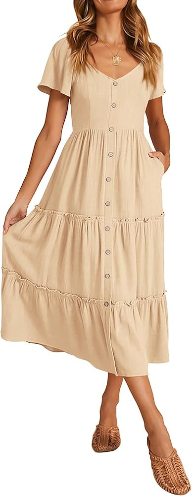 KIRUNDO Womens Summer Dresses 2024 Casual Short Sleeve Button V Neck Tiered A Line Flowy Beach Mi... | Amazon (US)
