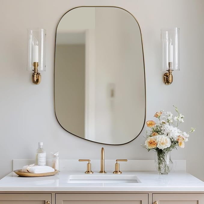 ANDY STAR Gold Bathroom Mirror, 24"x32" Brushed Brass Asymmetrical Wall Mirror in Stainless Steel... | Amazon (US)
