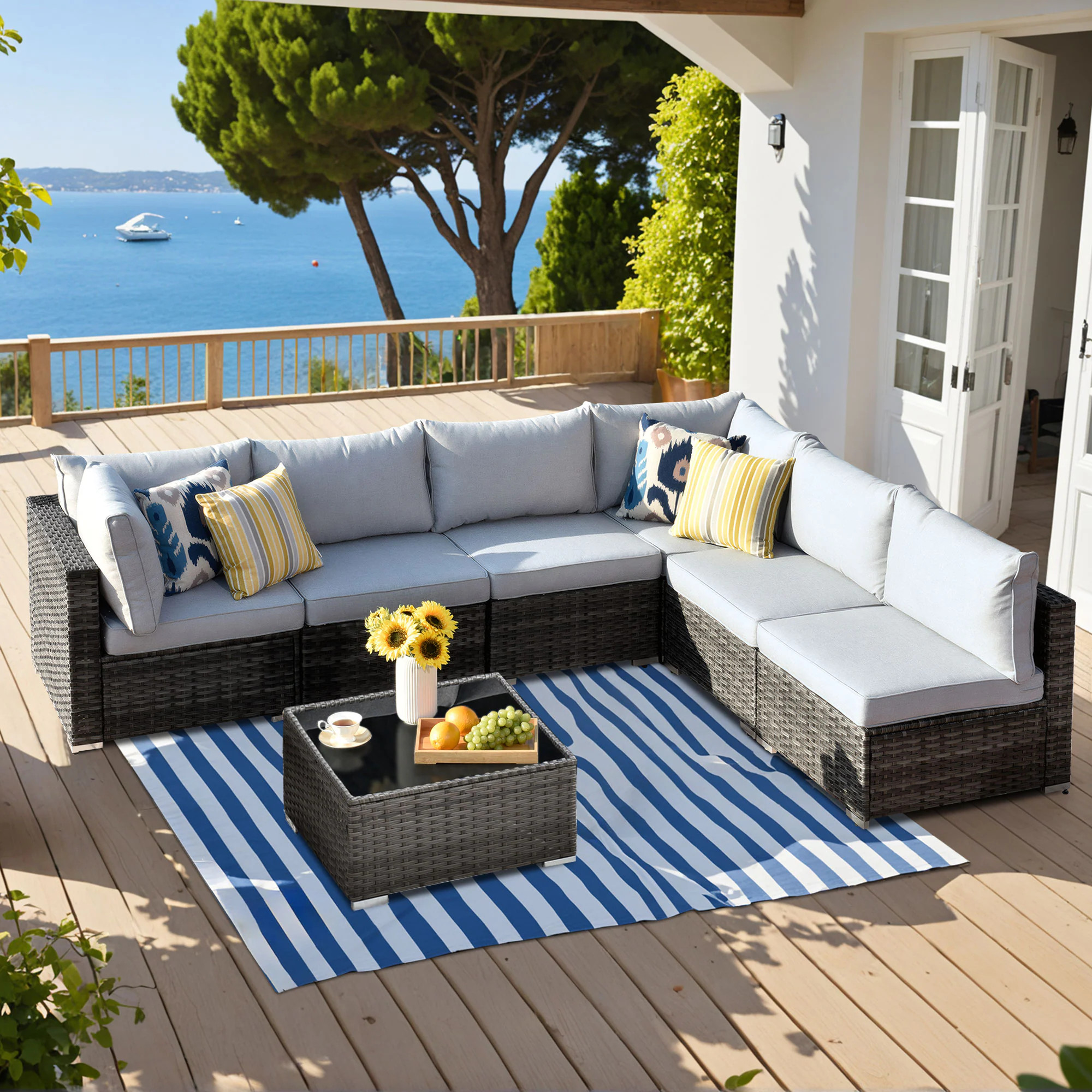 Ovios Wicker Outdoor Sectional with Light Gray Cushions and Iron Frame one_size | HP407 | Lowe's