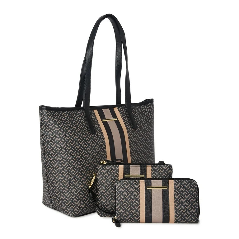 Time and Tru Women's 3 Piece Tote Handbag Set Black Print | Walmart (US)