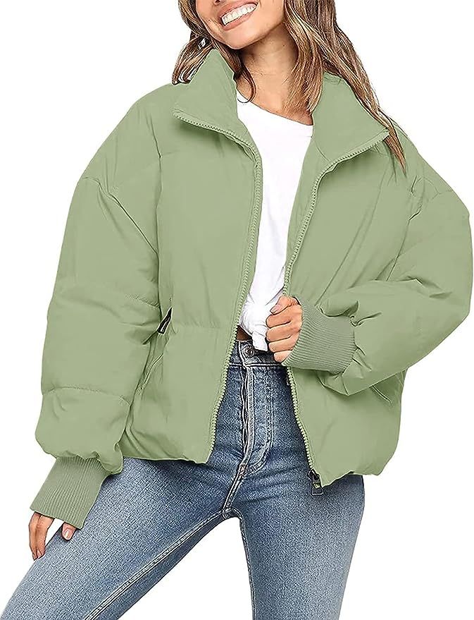 Amazon.com: MEROKEETY Women's Winter Long Sleeve Zip Puffer Jacket Baggy Short Down Coats : Cloth... | Amazon (US)