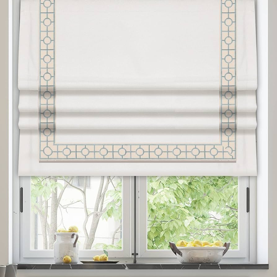 Cordless Roman Shades, Blackout Roman Shades, White Embroidered Blue Border Window Shades for Win... | Amazon (US)
