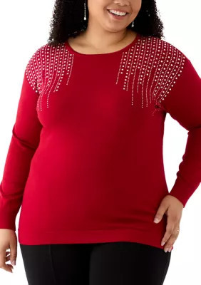 AK Anne Klein Women's Plus Size Boat Neck Sweater, Red, 1X | Belk