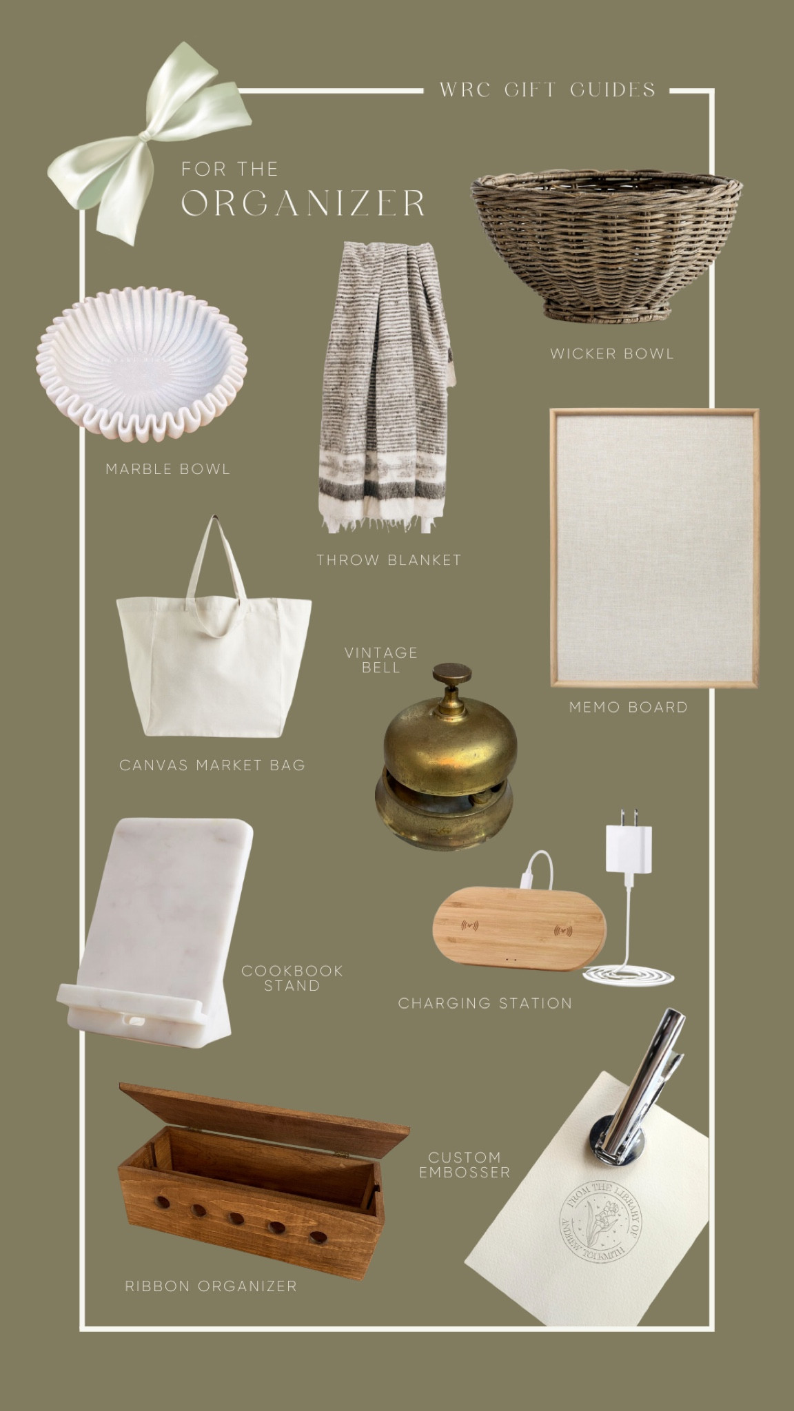 Gift guide for the organizer on your list. Wicker bowl, throw blanket, decorative bowl, vintage bell, memo board, pin board, canvas market bag, cookbook stand, charging station, ribbon organizer, custom embosser #LTKHolidaySale

#LTKSeasonal #LTKGiftGuide