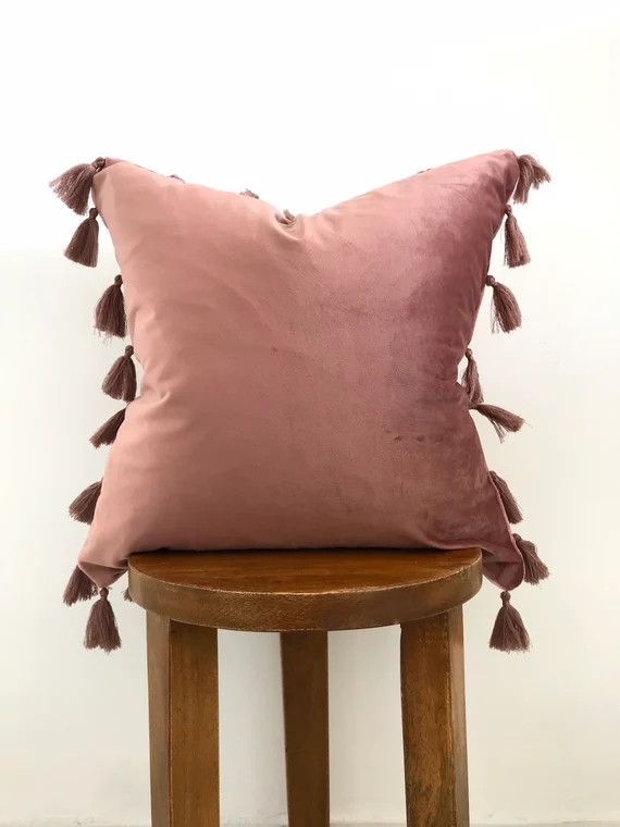 Rose velvet pillow cover | mauve velour decorative pillow | pink toss pillows | tassel pillow sha... | Etsy (US)