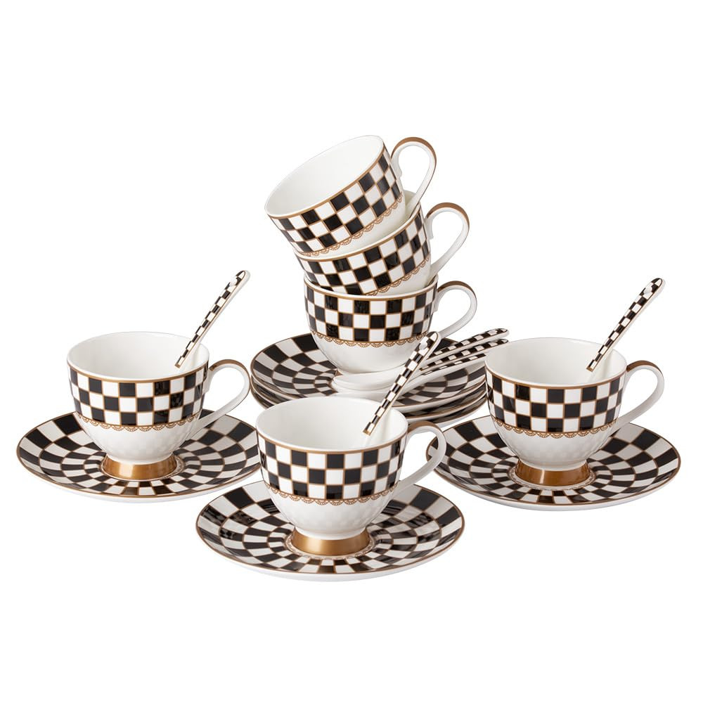 Porlien 6-ounce Porcelain Checker Teacups and Saucers Set of 6 with Spoons, Coffee Cups Set | Amazon (US)