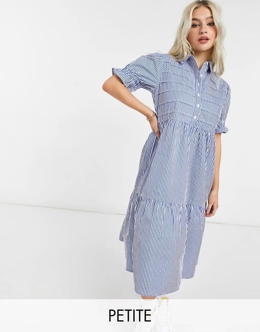 Influence Petite tiered shirt dress in blue and white stripe | ASOS (Global)