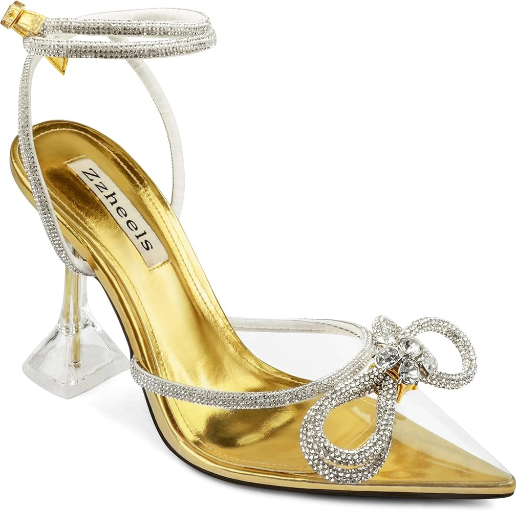 Zzheels Women Bowknot Clear Heels Crystal Slingback Sandals Lace-up Shoes for Party Dating | Amazon (US)