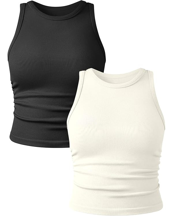 YIOIOIO Women's 2 Pieces Basic Seamless Tank Tops Sleeveless Crew Neck Workout Exercise Crop Cami... | Amazon (US)