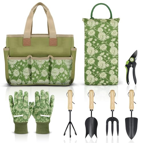 Colwelt Garden Tools Set, 8 Piece, Heavy Duty Gardening Tools with Wooden Handle, Including Garden Tote, Kneeling Pad, Gloves, Pruner, Trowel, Tulip Trowel, Cultivator - Gardening Gifts for Women Men | Amazon (US)