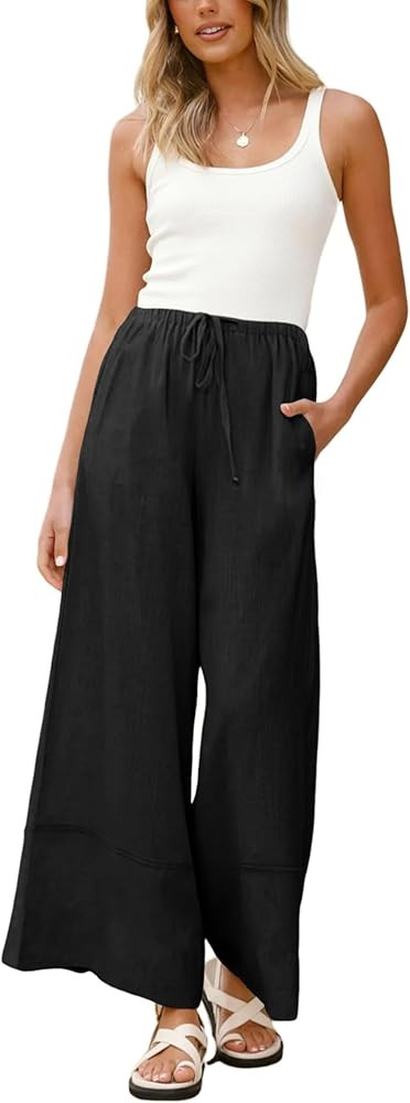 Athlisan Women's Summer Cotton Linen Palazzo Pants Baggy Wide Leg Lounge Trousers with Pockets | Amazon (US)