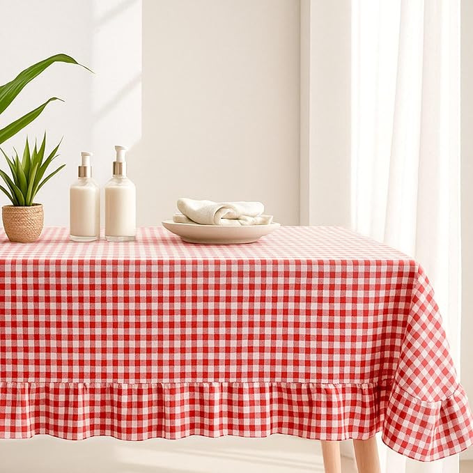 Red Plaid Ruffled Table Cloth 120 x 60 Inches Cotton Linen Rectangle Gingham Tablecloth Classic F... | Amazon (US)