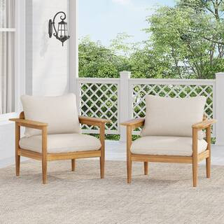 Terassi Patio Solid Wood Outdoor Lounge Chair with Beige Cushions, Light Teak, Set of 2 | The Home Depot