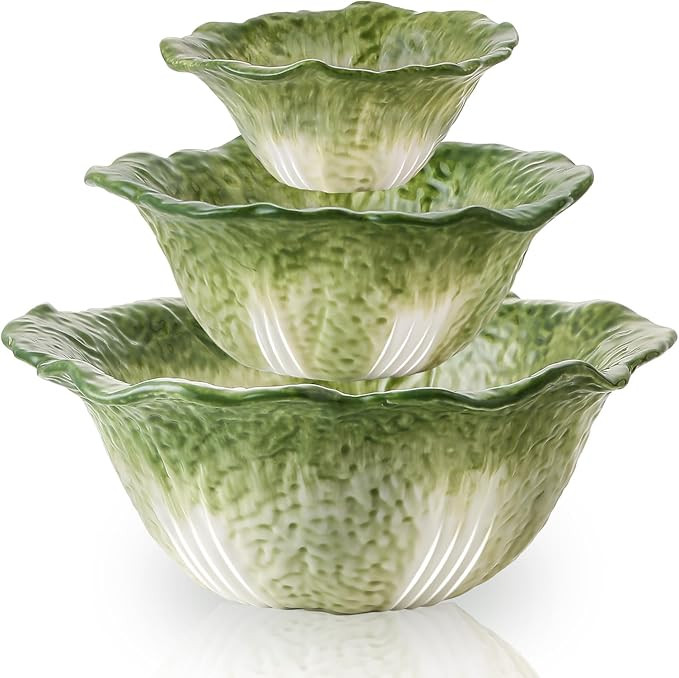 KXZ Green Cabbage Serving Bowl Set of 3 for Kitchen - Extra Large 60oz, 16oz, 5oz Nesting Mixing ... | Amazon (US)