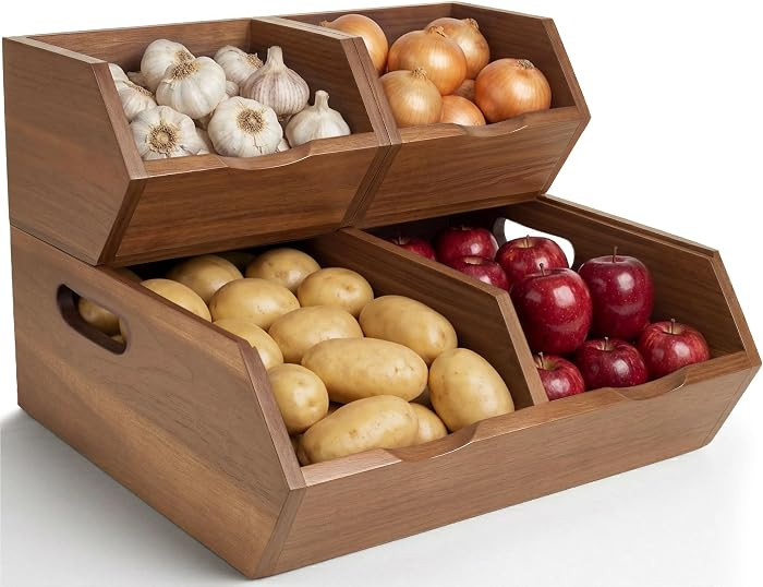 Acacia Pantry Storage Bins Set of 3, Stackable Potato Onion Wood Baskets | Amazon (US)