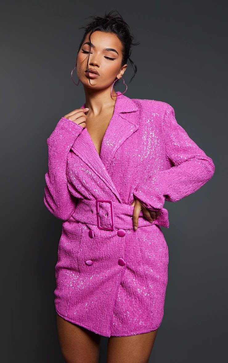 Pink Sequin Belted Shoulder Pad Blazer Dress | PrettyLittleThing US