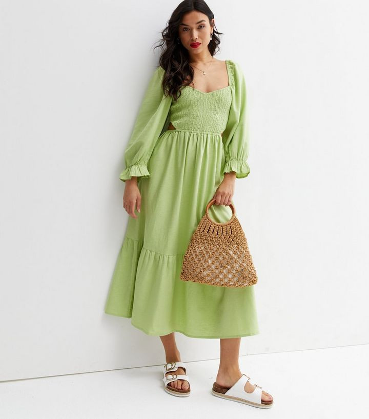 Green Shirred Cut Out Side Tiered Midi Dress
						
						Add to Saved Items
						Remove from Sa... | New Look (UK)
