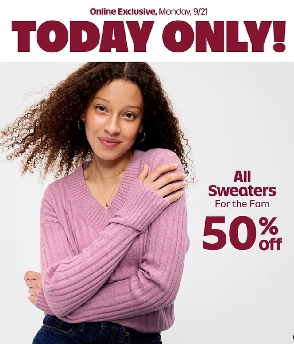 Old Navy has all sweaters available for 50% Off today! Their sweaters are amazing, and hold up to years of wear. Tons of styles to choose from today at the sale price!

#LTKSaleAlert #LTKootd #LTKSeasonal