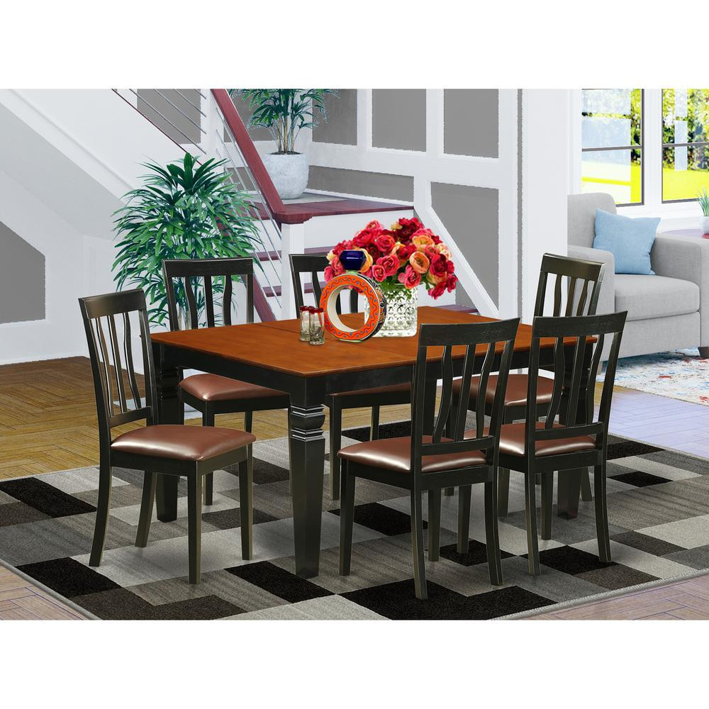 7 Pc Kitchen table set with a Dining Table and 6 Leather Kitchen Chairs in Black | Shop Simon