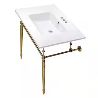 Edwardian 31 in. Ceramic Vanity Top with Brass Console Legs in Brushed Brass | The Home Depot