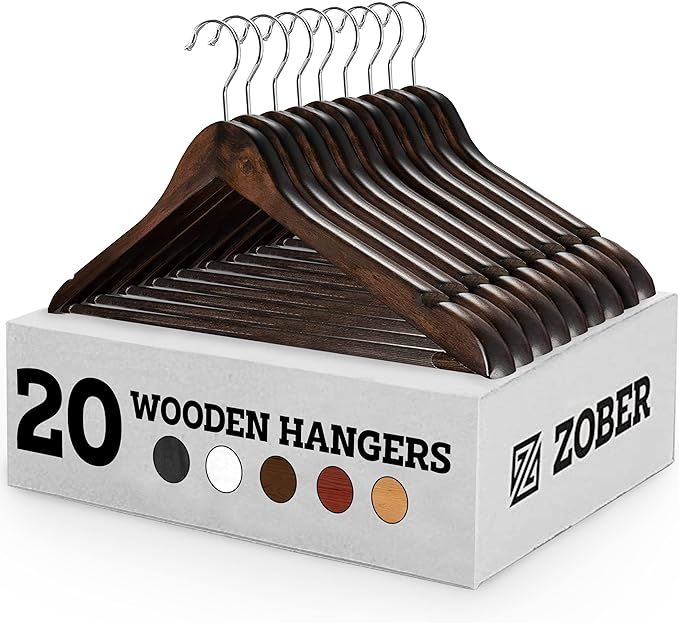 Zober Wooden Hangers 20 Pack - Non Slip Wood Clothes Hanger for Suits, Pants, Jackets w/ Bar & Cu... | Amazon (US)
