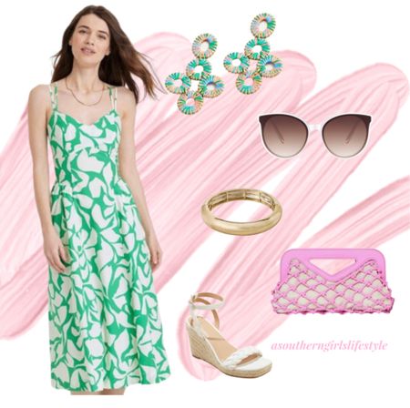 Green & White Floral Sweetheart Neckline with Spaghetti Straps & fun Crisscross Back - beautiful Sundress for Spring & Summer!

Love Green & Pink together! 

Paired with Raffia Statement Earrings, Sunglasses, Gold Stretch Bracelet, Pink Knotted Net Clutch & White Wedge Heels complete the outfit. 

Target. J.Crew. Spring Outfits. Vacation Outfits  

#LTKSeasonal #LTKunder50 #LTKstyletip