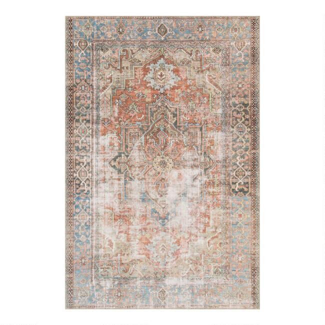 Terracotta and Blue Distressed Lauren Area Rug | World Market