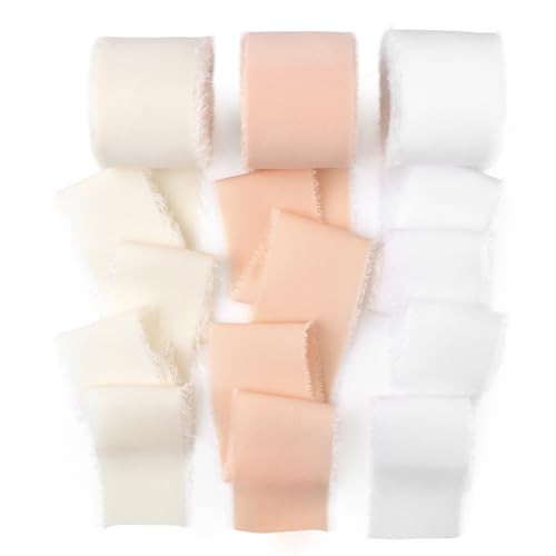 Mlurcu Chiffon Ribbon Silk Ribbon 1-1/2 Inch Nude Ivory White Ribbon Set Handmade Frayed Fringe Chiffon Ribbon Boho Fabric Ribbon for Wedding Invitation Bouquet Gift Wrapping DIY Crafts | Amazon (US)