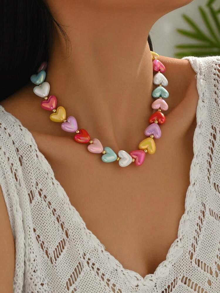 1pc Candy-Colored Cute Beaded Heart Pendant Necklace For Women (Heart Color Random) | SHEIN