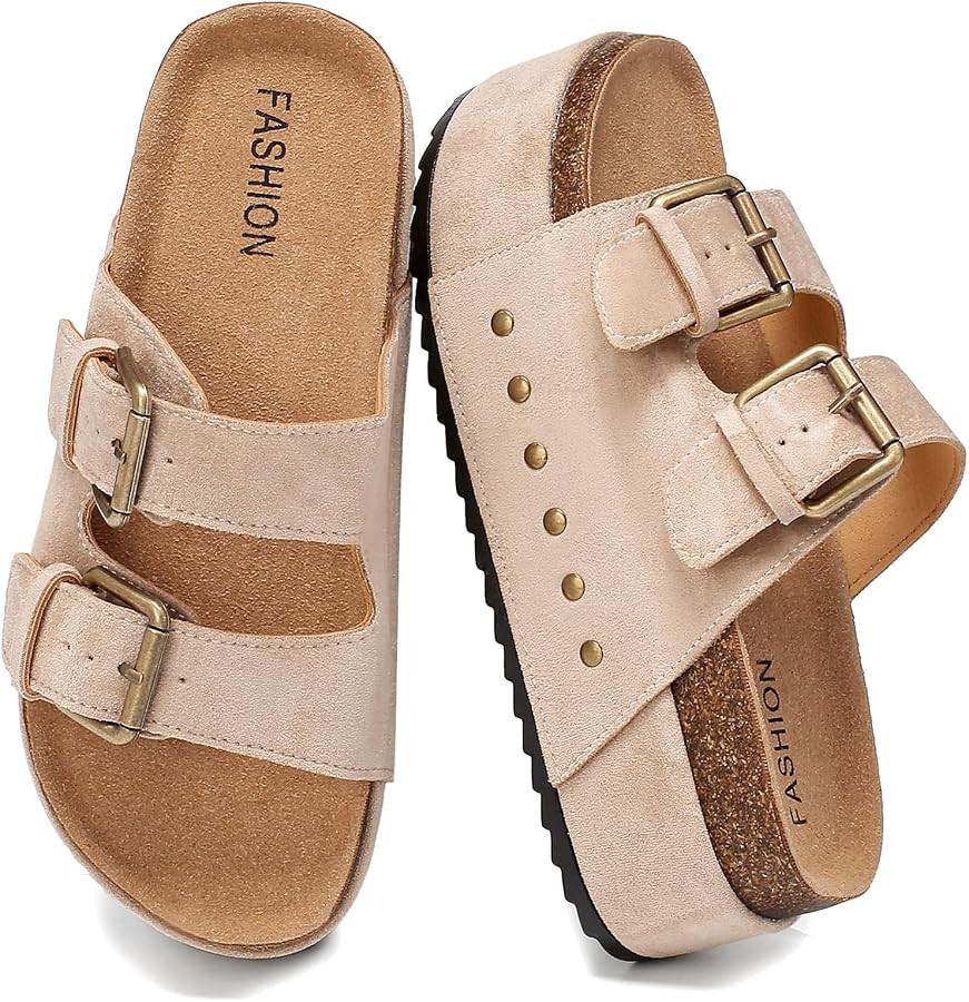 YorFotMae Women's Platform Sandals Cork Footbed with Double Buckles\uff0c Summer Chunky Wedge San... | Amazon (US)