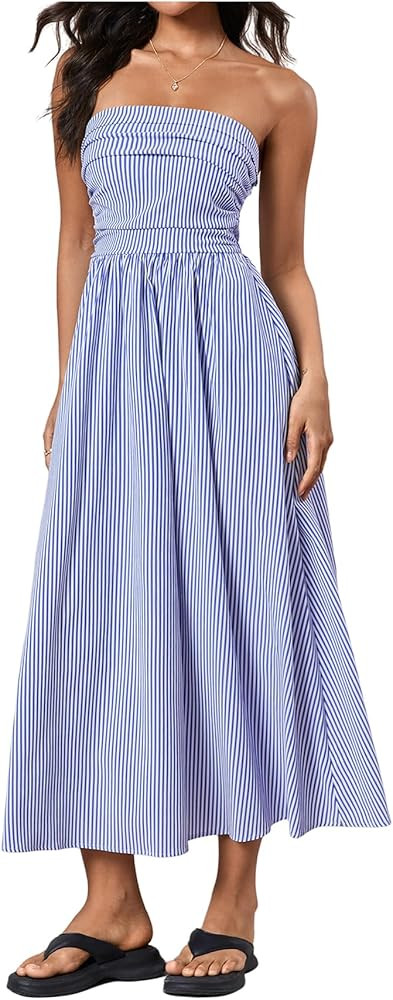 Milumia Women's Striped Strapless Maxi Dress Summer Casual Tube Top Long Dresses with Pocket | Amazon (US)